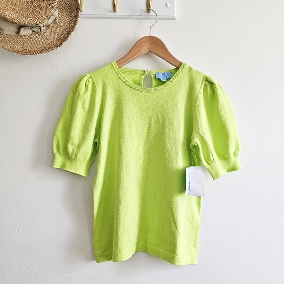 CeCe Sweaters - NWT CeCe Puff Sleeve Cotton Crewneck Sweater in Sugar Lime Size Small
